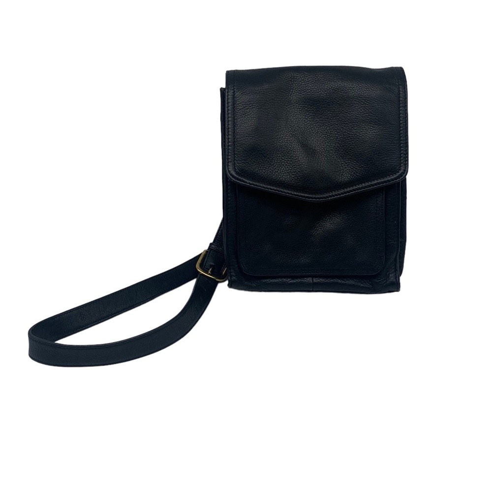 Fossil Crossbody Black Leather Purse Handbag with Key Zip Unisex 75082 Pockets